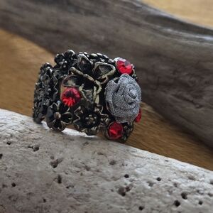 Gothic Floral Bronze Tone and Red Crystal Women's Ring